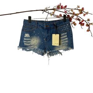 Litz Blue Distressed Jeweled Fringe Trim Casual Denim Jean Shorts Women Sz S